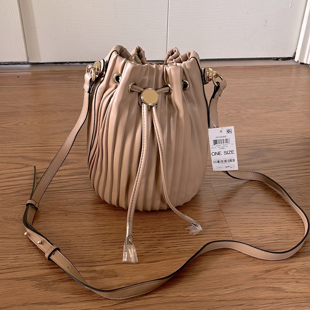 Alfani bucket bag tan pleated leather